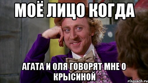 моё лицо когда агата и оля говорят мне о крысиной, Мем Ну давай расскажи (Вилли Вонка)