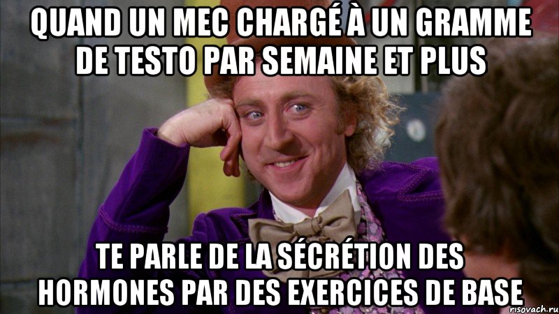 quand un mec chargé à un gramme de testo par semaine et plus te parle de la sécrétion des hormones par des exercices de base, Мем Ну давай расскажи (Вилли Вонка)