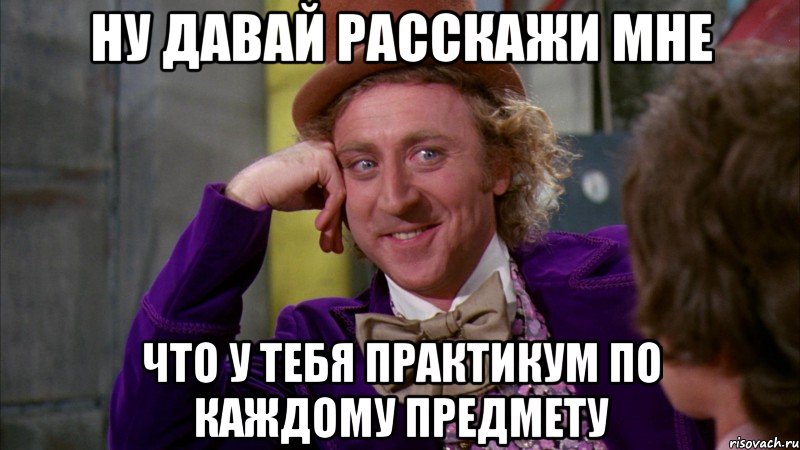 ну давай расскажи мне что у тебя практикум по каждому предмету, Мем Ну давай расскажи (Вилли Вонка)