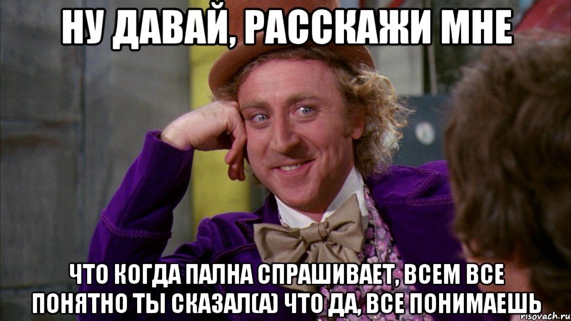 ну давай, расскажи мне что когда пална спрашивает, всем все понятно ты сказал(а) что да, все понимаешь, Мем Ну давай расскажи (Вилли Вонка)