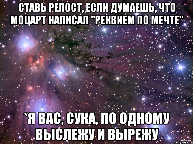 ставь репост, если думаешь, что моцарт написал "реквием по мечте" *я вас, сука, по одному выслежу и вырежу, Мем Космос