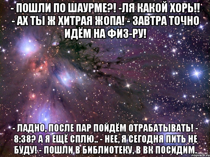 - пошли по шаурме?! -ля какой хорь!! - ах ты ж хитрая жопа! - завтра точно идём на физ-ру! - ладно, после пар пойдём отрабатывать! - 8:38? а я ещё сплю.. - нее, я сегодня пить не буду! - пошли в библиотеку, в вк посидим., Мем Космос