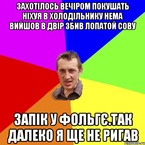 захотiлось вечiром покушать нiхуя в холодiльнику нема вийшов в двiр збив лопатой сову запiк у фольгє.так далеко я ще не ригав, Мем Чоткий паца