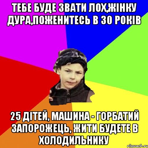 тебе буде звати лох,жінку дура,поженитесь в 30 років 25 дітей, машина - горбатий запорожець, жити будете в холодильнику