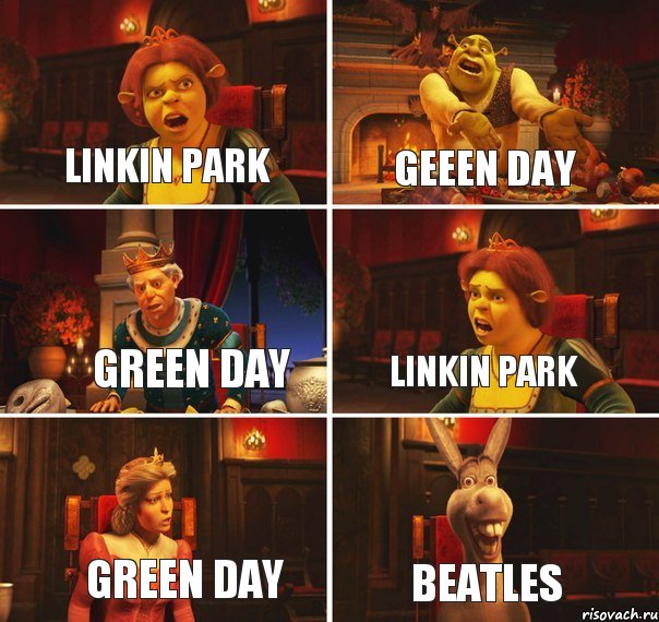 Linkin park Geeen day Green day Linkin park Green day BEATLES, Комикс  Шрек Фиона Гарольд Осел