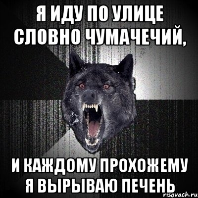 я иду по улице словно чумачечий, и каждому прохожему я вырываю печень, Мем Сумасшедший волк