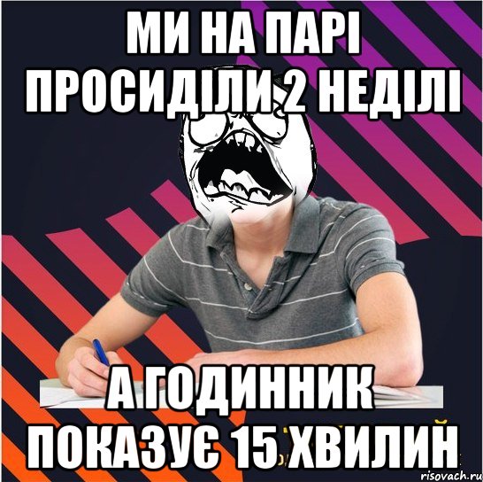 ми на парі просиділи 2 неділі а годинник показує 15 хвилин, Мем Типовий одинадцятикласник