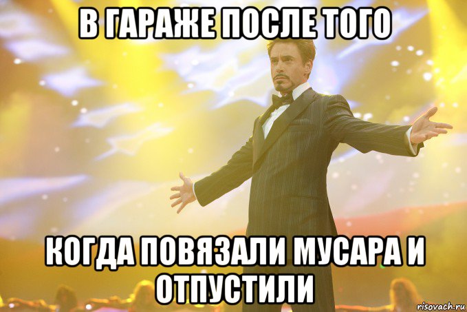 в гараже после того когда повязали мусара и отпустили, Мем Тони Старк (Роберт Дауни младший)