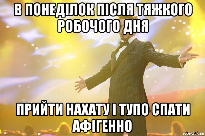 в понеділок після тяжкого робочого дня прийти нахату і тупо спати афігенно, Мем Тони Старк (Роберт Дауни младший)