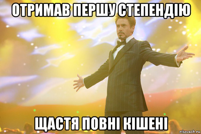 отримав першу степендію щастя повні кішені, Мем Тони Старк (Роберт Дауни младший)