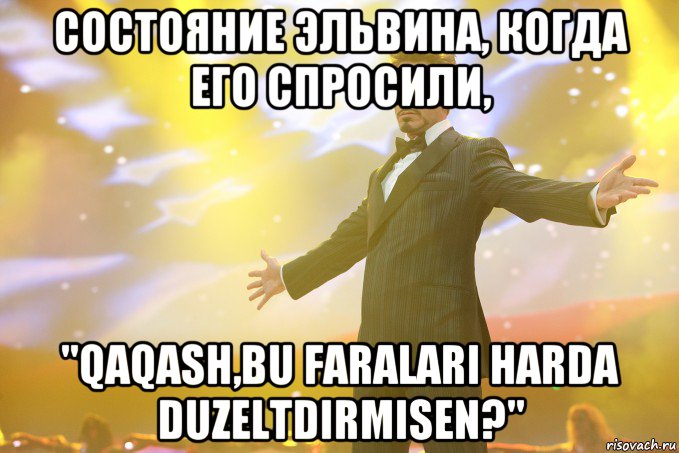 состояние эльвина, когда его спросили, "qaqash,bu faralari harda duzeltdirmisen?", Мем Тони Старк (Роберт Дауни младший)