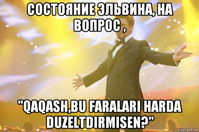 состояние эльвина, на вопрос , "qaqash,bu faralari harda duzeltdirmisen?", Мем Тони Старк (Роберт Дауни младший)