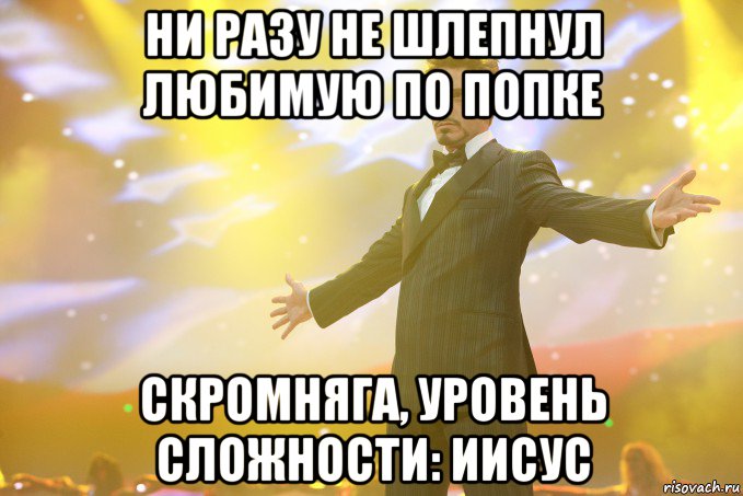 ни разу не шлепнул любимую по попке скромняга, уровень сложности: иисус, Мем Тони Старк (Роберт Дауни младший)