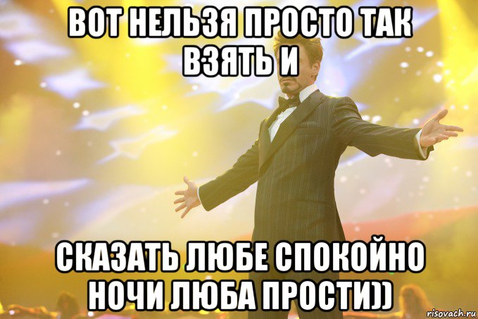 вот нельзя просто так взять и сказать любе спокойно ночи люба прости)), Мем Тони Старк (Роберт Дауни младший)