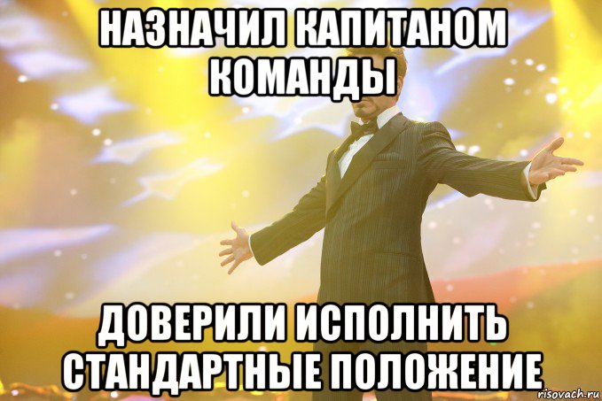 назначил капитаном команды доверили исполнить стандартные положение, Мем Тони Старк (Роберт Дауни младший)