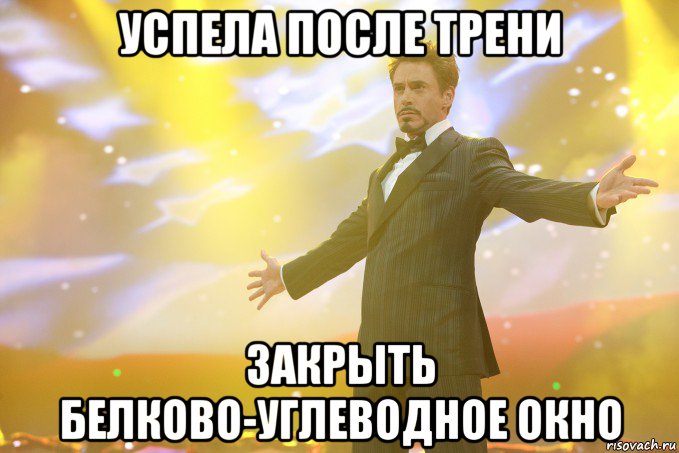 успела после трени закрыть белково-углеводное окно, Мем Тони Старк (Роберт Дауни младший)