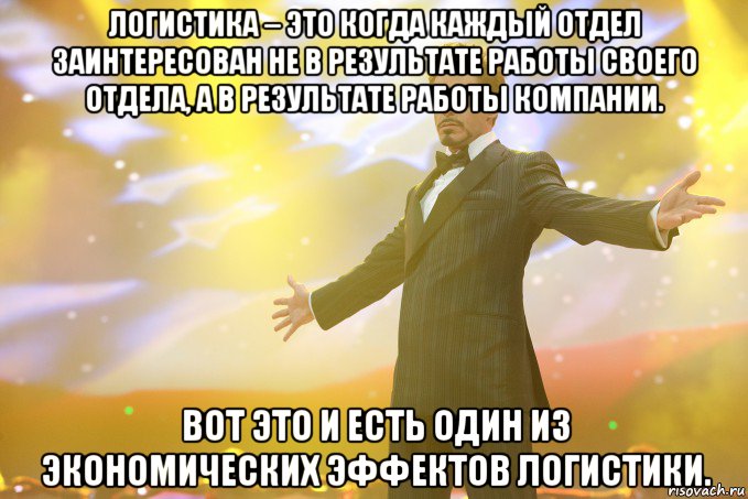 логистика – это когда каждый отдел заинтересован не в результате работы своего отдела, а в результате работы компании. вот это и есть один из экономических эффектов логистики., Мем Тони Старк (Роберт Дауни младший)