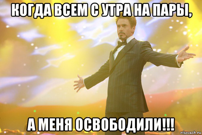 когда всем с утра на пары, а меня освободили!!!, Мем Тони Старк (Роберт Дауни младший)