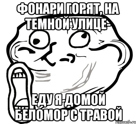 фонари горят, на темной улице- еду я домой беломор с травой, Мем  Trollface LOL