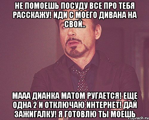 не помоешь посуду все про тебя расскажу! иди с моего дивана на свой.. мааа дианка матом ругается! еще одна 2 и отключаю интернет! дай зажигалку! я готовлю ты моешь, Мем твое выражение лица