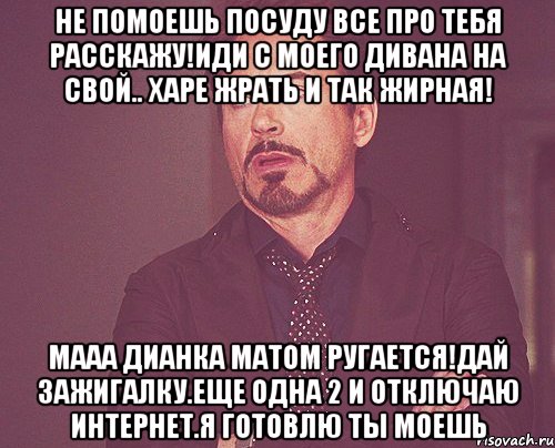 не помоешь посуду все про тебя расскажу!иди с моего дивана на свой.. харе жрать и так жирная! мааа дианка матом ругается!дай зажигалку.еще одна 2 и отключаю интернет.я готовлю ты моешь, Мем твое выражение лица