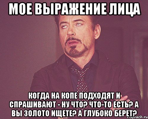 мое выражение лица когда на копе подходят и спрашивают - ну что? что-то есть? а вы золото ищете? а глубоко берет?, Мем твое выражение лица