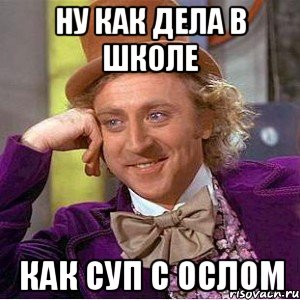 ну как дела в школе как суп с ослом, Мем Ну давай расскажи (Вилли Вонка)