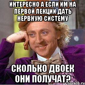 интересно а если им на первой лекции дать нервную систему сколько двоек они получат?, Мем Ну давай расскажи (Вилли Вонка)