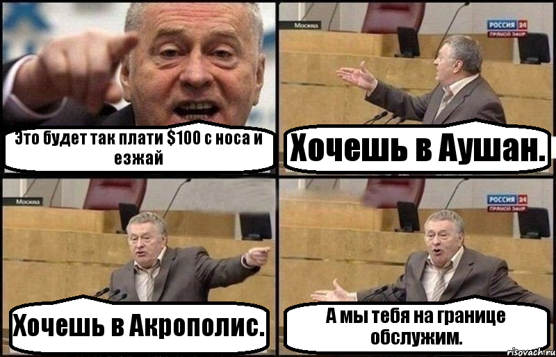 Это будет так плати $100 с носа и езжай Хочешь в Аушан. Хочешь в Акрополис. А мы тебя на границе обслужим., Комикс Жириновский