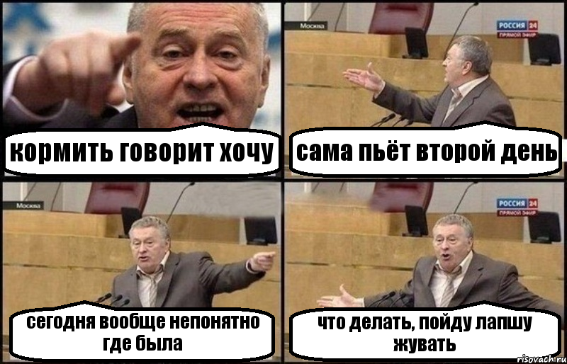 кормить говорит хочу сама пьёт второй день сегодня вообще непонятно где была что делать, пойду лапшу жувать, Комикс Жириновский