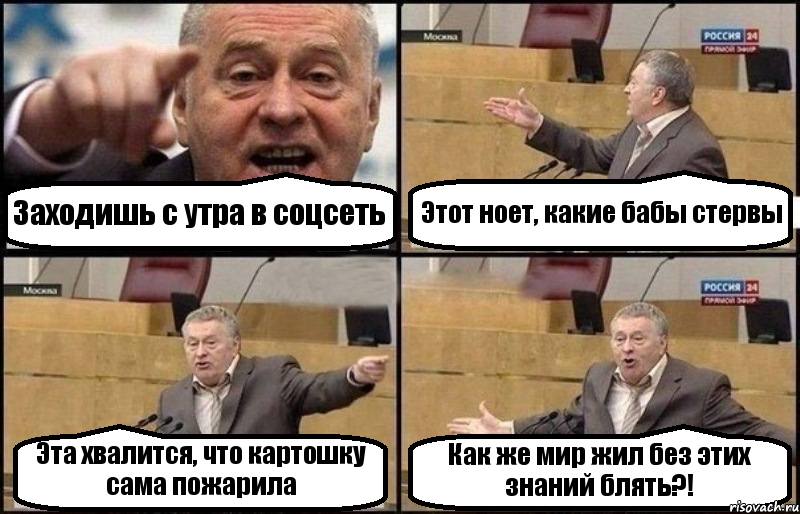 Заходишь с утра в соцсеть Этот ноет, какие бабы стервы Эта хвалится, что картошку сама пожарила Как же мир жил без этих знаний блять?!, Комикс Жириновский