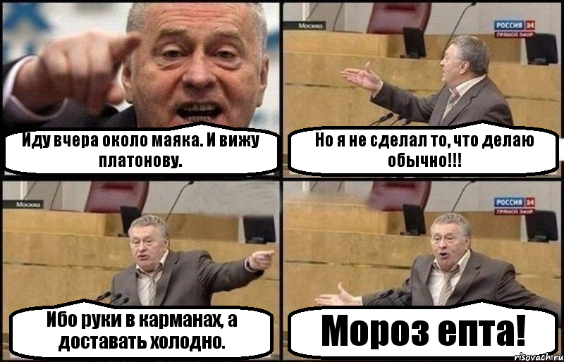 Иду вчера около маяка. И вижу платонову. Но я не сделал то, что делаю обычно!!! Ибо руки в карманах, а доставать холодно. Мороз епта!, Комикс Жириновский