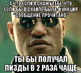 а что если я скажу тебе, что если бы в скайпе была функция "сообщение прочитано" ты бы получал пизды в 2 раза чаще, Мем  а что если я скажу тебе