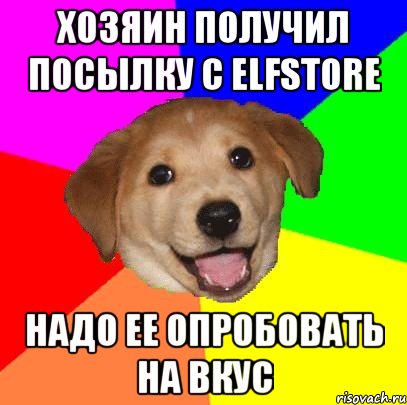 хозяин получил посылку с elfstore надо ее опробовать на вкус, Мем Advice Dog