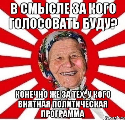 в смысле за кого голосовать буду? конечно же за тех, у кого внятная политическая программа, Мем  бабуля