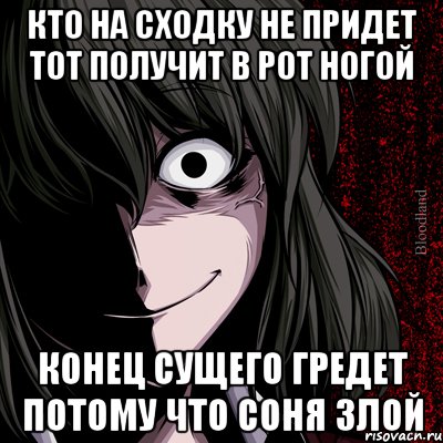 кто на сходку не придет тот получит в рот ногой конец сущего гредет потому что соня злой, Мем bloodthirsty