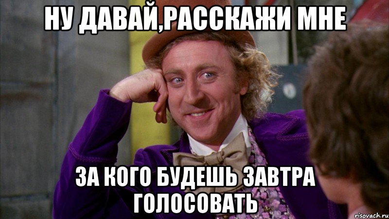 ну давай,расскажи мне за кого будешь завтра голосовать, Мем Ну давай расскажи (Вилли Вонка)