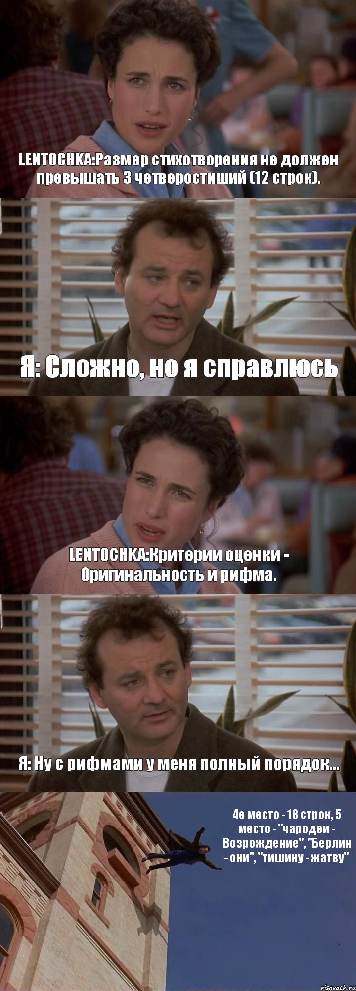 LENTOCHKA:Размер стихотворения не должен превышать 3 четверостиший (12 строк). Я: Сложно, но я справлюсь LENTOCHKA:Критерии оценки - Оригинальность и рифма. Я: Ну с рифмами у меня полный порядок... 4е место - 18 строк, 5 место - "чародеи - Возрождение", "Берлин - они", "тишину - жатву", Комикс День сурка