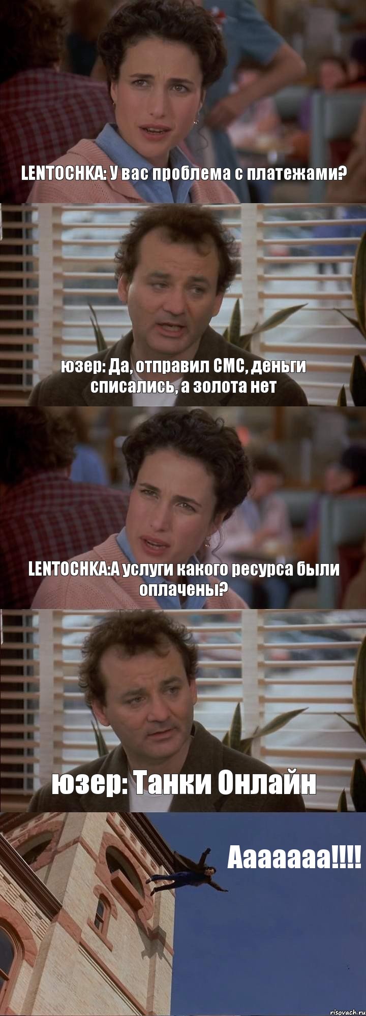 LENTOCHKA: У вас проблема с платежами? юзер: Да, отправил СМС, деньги списались, а золота нет LENTOCHKA:А услуги какого ресурса были оплачены? юзер: Танки Онлайн Ааааааа!!!, Комикс День сурка