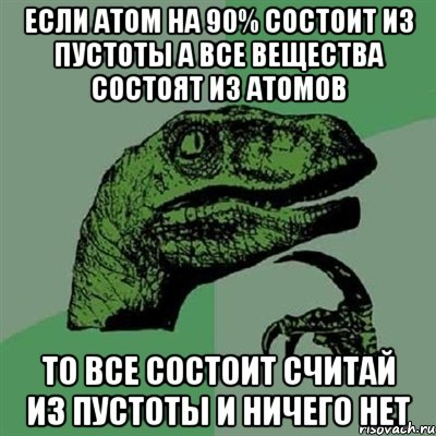 если атом на 90% состоит из пустоты а все вещества состоят из атомов то все состоит считай из пустоты и ничего нет, Мем Филосораптор