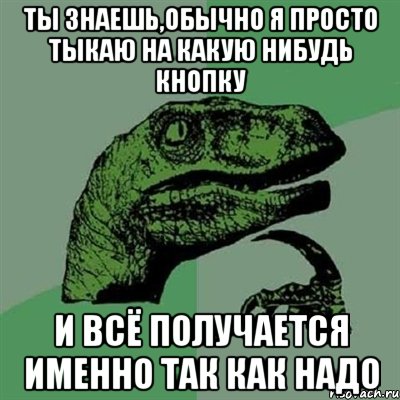 ты знаешь,обычно я просто тыкаю на какую нибудь кнопку и всё получается именно так как надо, Мем Филосораптор