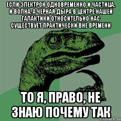 если электрон одновременно и частица, и волна, а черная дыра в центре нашей галактики относительно нас существует практически вне времени то я, право, не знаю почему так, Мем Филосораптор