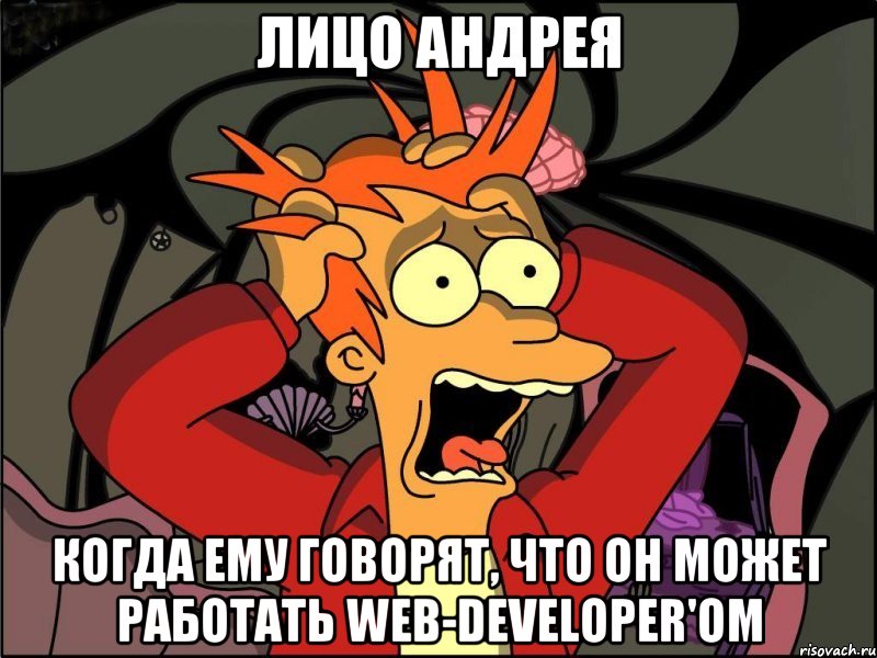 лицо андрея когда ему говорят, что он может работать web-developer'ом, Мем Фрай в панике