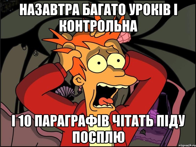 назавтра багато уроків і контрольна і 10 параграфів чітать піду посплю, Мем Фрай в панике