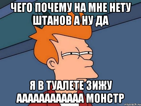 чего почему на мне нету штанов а ну да я в туалете зижу аааааааааааа монстр, Мем  Фрай (мне кажется или)