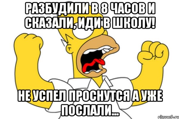 разбудили в 8 часов и сказали, иди в школу! не успел проснутся а уже послали..., Мем Разъяренный Гомер