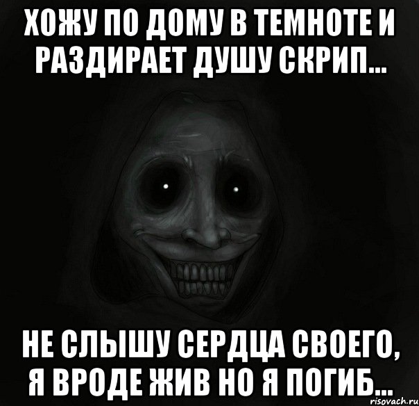 хожу по дому в темноте и раздирает душу скрип... не слышу сердца своего, я вроде жив но я погиб..., Мем Ночной гость