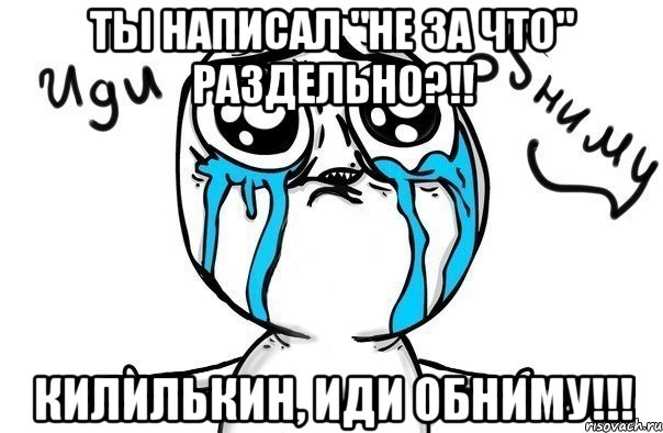 ты написал "не за что" раздельно?!! килилькин, иди обниму!!!, Мем Иди обниму