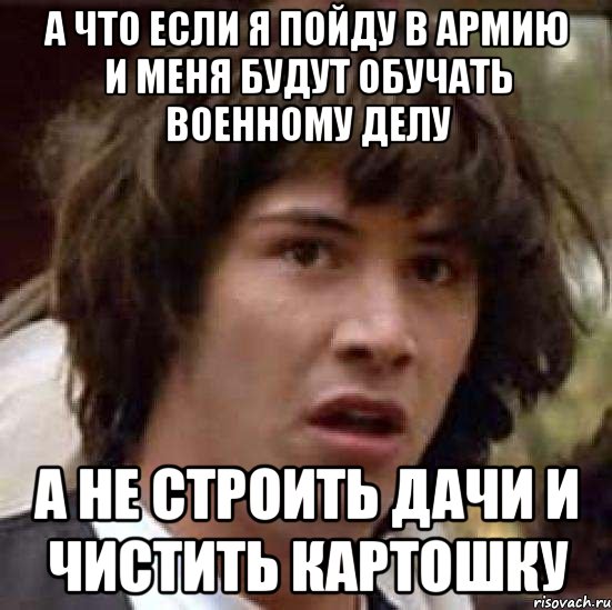 а что если я пойду в армию и меня будут обучать военному делу а не строить дачи и чистить картошку, Мем А что если (Киану Ривз)