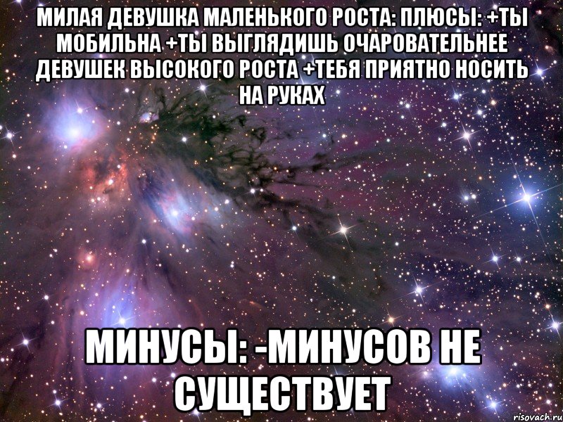 милая девушка маленького роста: плюсы: +ты мобильна +ты выглядишь очаровательнее девушек высокого роста +тебя приятно носить на руках минусы: -минусов не существует, Мем Космос